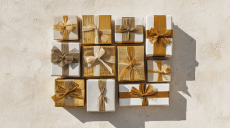 A beautiful arrangement of assorted gift boxes in elegant gold and white colors with decorative ribbons, perfect for festive events and celebrations.の素材