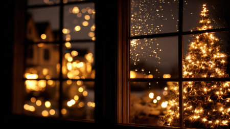 Enjoy a cozy winter evening view through a window, showcasing a beautifully decorated Christmas tree and sparkling lights against a snowy background.の素材