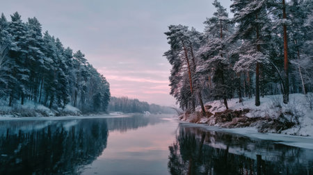 A tranquil winter scene featuring a still river reflecting snow-covered trees and a soft pastel sky at dawn, embodying the essence of peaceful nature in wintertime.の素材