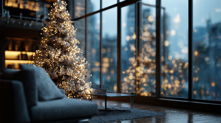 A modern living room featuring a stunning Christmas tree adorned with soft lights, set against large windows revealing a tranquil winter cityscape at dusk.の素材