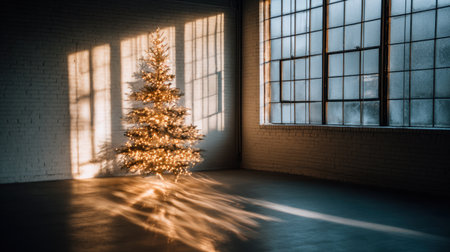 A beautifully decorated Christmas tree glimmers with warm lights, creating a serene atmosphere in a minimalist space with large windows and soft shadows.の素材