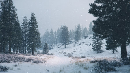 A serene winter landscape featuring tall evergreen trees blanketed in snow, with gentle snowfall creating an enchanting atmosphere in a misty forest.の素材