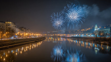 A mesmerizing display of fireworks illuminates the night sky over a serene river, reflecting vibrant colors while the city lights add a magical touch to the urban landscape.の素材