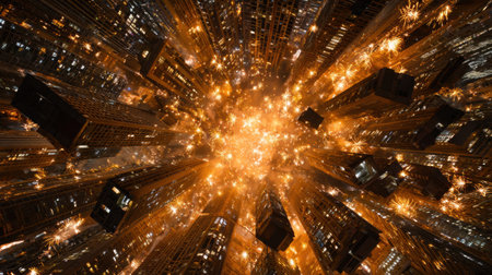 A stunning aerial perspective of an urban skyline lit up by an awe-inspiring fireworks display. Bright flashes and sparkling lights create a dynamic and festive atmosphere.の素材