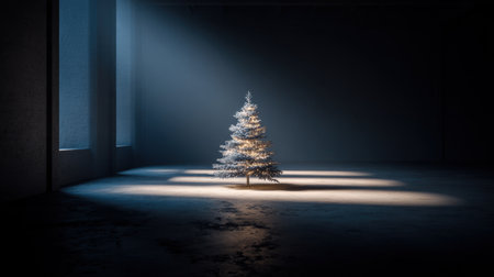 A beautifully lit minimalist Christmas tree stands alone in a dark room, casting soft shadows and creating a tranquil ambiance perfect for the festive season.の素材