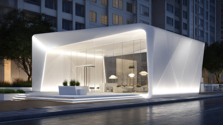A stunning modern building showcases futuristic architecture with a glossy white exterior and glass walls, beautifully illuminated in an urban setting at twilight.の素材