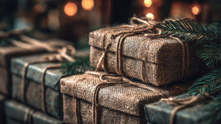 A collection of beautifully wrapped gifts in natural jute material, accented with pine branches, creating a warm ambiance perfect for holiday celebrations and gatherings.の素材