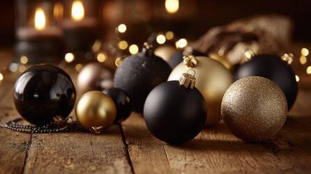 Discover the beauty of elegant black and gold Christmas ornaments arranged on a rustic wooden table, creating a warm, festive atmosphere perfect for the holiday season.の素材