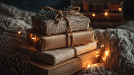 A serene winter scene featuring beautifully wrapped gift packages adorned with twine and a pine branch, surrounded by soft textures and warm lights for a cozy atmosphere.の素材