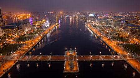 Stunning aerial view capturing an urban waterfront at night, showcasing dazzling city lights reflected on water, vibrant architecture, and bustling atmosphere.の素材