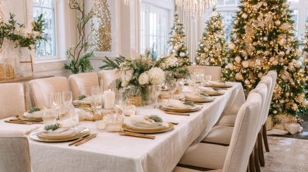 A beautifully arranged dining table set for a joyful holiday celebration, surrounded by sparkling Christmas trees and elegant decor, creating a cozy atmosphere.の素材