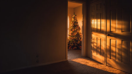 A quiet room features a beautifully decorated Christmas tree softly illuminated by warm light, creating a cozy atmosphere as shadows dance across the floor.の素材