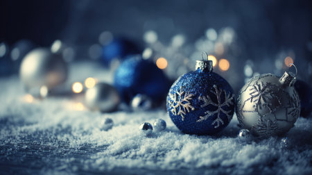 A beautiful arrangement of blue and silver Christmas ornaments resting on a snowy surface, enhanced by soft bokeh lights, perfect for capturing the holiday spirit.の素材