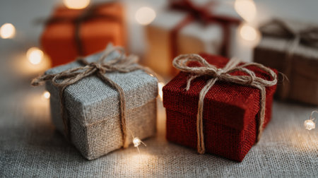 A charming scene featuring rustic gift boxes wrapped in twine and bows, surrounded by warm fairy lights, creating a cozy atmosphere perfect for celebrations.の素材