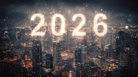 A stunning night view of a vibrant city skyline illuminated with sparkling fireworks celebrating the New Year 2026, creating a magical festive atmosphere.の素材