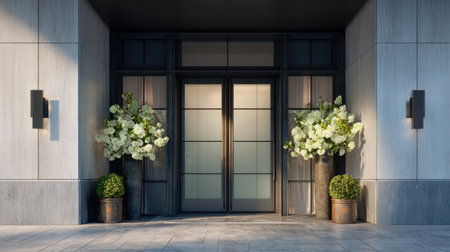 A captivating entrance featuring fresh white flowers and lush greenery, designed to enhance modern architecture. This photo showcases elegant decor and inviting ambiance.の素材