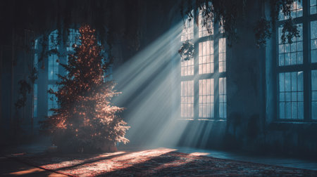 A stunning depiction of a decorated Christmas tree set against the backdrop of an abandoned room, where sunlight streams through dusty windows, creating a magical atmosphere.の素材