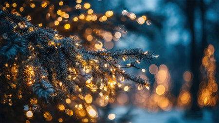 A close-up of frosty tree branches adorned with glowing holiday lights, set against a dreamy bokeh backdrop, creating a serene winter atmosphere filled with joy.の素材