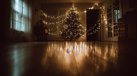 A cozy living room captures the charm of the holiday season, featuring a beautifully lit Christmas tree and warm reflections on the wooden floor, inviting togetherness.の素材