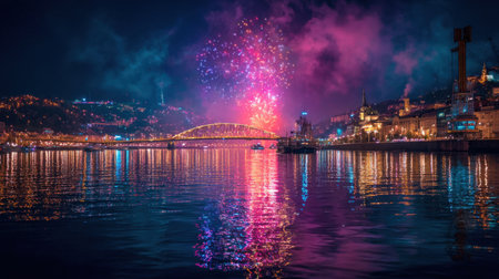 A stunning nighttime scene showcasing vibrant fireworks exploding over a river, with colorful reflections on the water and a lively city skyline in the background.の素材