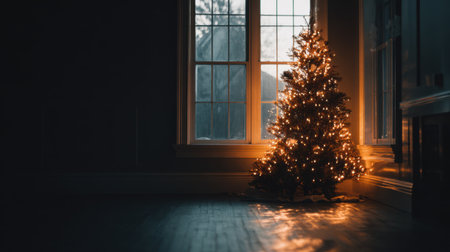 A beautifully arranged Christmas tree glows softly in a dim room, casting warm light against the frosty window, creating a peaceful and festive atmosphere.の素材