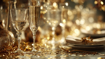 This captivating image showcases an elegant celebration setup featuring champagne glasses, gold decorations, and soft lighting, perfect for festive gatherings and special moments.の素材