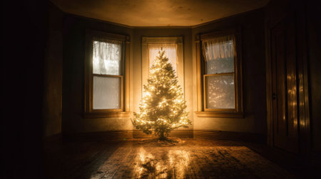 A beautiful Christmas tree lit with warm lights stands alone in a dimly lit room, accentuated by snowy window views, evoking holiday spirit and cozy ambiance.の素材