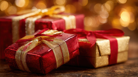 Brightly wrapped gift boxes in red and gold with elegant ribbons are arranged on a wooden table, creating a warm festive atmosphere perfect for holiday celebrations.の素材