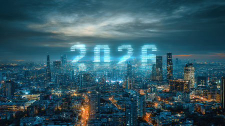 A stunning night view of a vibrant city skyline featuring digital numbers "2026" projected above. The scene showcases illuminated buildings against a dramatic sky.の素材