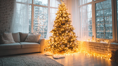A cozy living room featuring a beautifully decorated Christmas tree aglow with lights. Natural light streams in, creating a warm and inviting holiday atmosphere.の素材