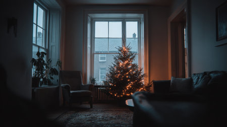 A serene living room showcases a beautifully decorated Christmas tree adorned with soft lights, creating a warm and inviting atmosphere for the holiday season.の素材