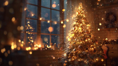 A stunning indoor Christmas scene features a beautifully decorated tree adorned with glowing lights. The warm atmosphere exudes holiday cheer and comfort.の素材