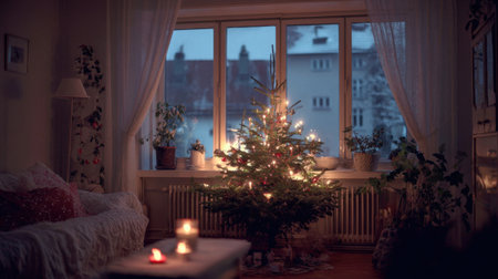 A serene living room features a beautifully adorned Christmas tree with warm lights, creating a cozy atmosphere perfect for winter celebrations and family gatherings.の素材