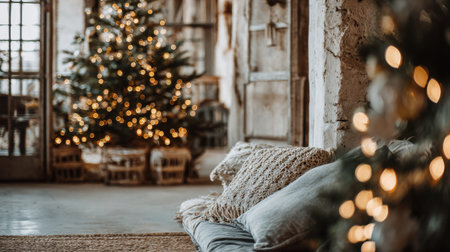 A cozy living room scene featuring a beautifully decorated Christmas tree with warm lights, inviting ambiance, and rustic design elements for a festive atmosphere.の素材