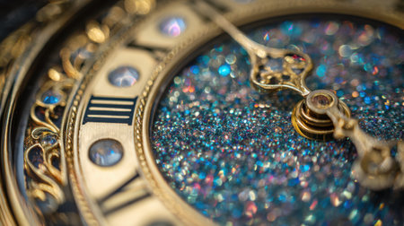 A stunning close-up of a watch dial featuring bold Roman numerals and a sparkling surface, perfect for illustrating luxury, craftsmanship, and timeless elegance.の素材
