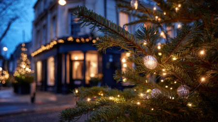 Captivating view of a beautifully adorned Christmas tree with sparkling lights in a charming street filled with festive holiday decorations, capturing warm evening vibes.の素材