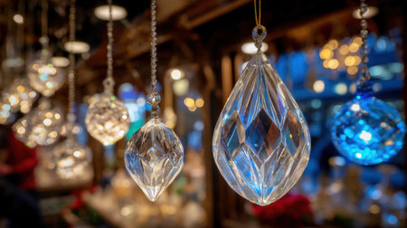 Stunning crystal ornaments dangle gracefully, capturing light and creating a magical atmosphere, perfect for holiday celebrations and festive decor ideas.の素材