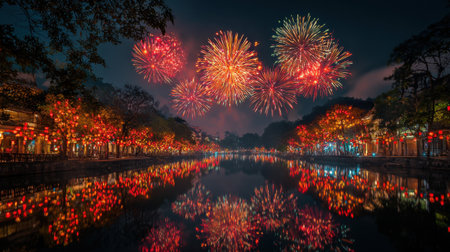 A breathtaking view of vibrant fireworks illuminating the night sky above a tranquil lake, surrounded by colorful lanterns reflecting in the water, creating a festive ambiance.の素材