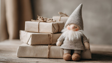 Charming holiday scene featuring a cute doll beside beautifully wrapped gifts on a rustic wooden table. Perfect for creating warm and festive vibes.の素材