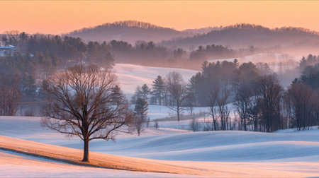 A beautiful winter landscape showcasing a bare tree against rolling hills, covered in snow. The soft pastel skies at dawn create a tranquil, serene atmosphere.の素材