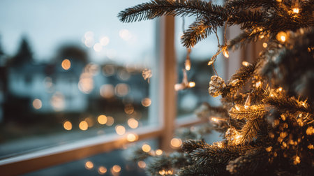 A serene holiday scene showcasing a beautifully decorated Christmas tree with twinkling lights. The soft bokeh background enhances the warm, cozy atmosphere in a home setting.の素材