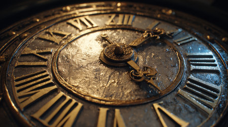 A close-up view of a vintage clock face featuring intricate Roman numerals and a shiny metallic finish, creating an elegant atmosphere full of timeless beauty.の素材