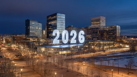 A captivating urban scene featuring a large illuminated "2026" display at night, surrounded by modern architecture and reflecting in the water, creating a festive atmosphere.の素材
