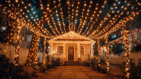A charming house decorated with vibrant lights creates a magical atmosphere. The glowing pathway invites visitors to enjoy the enchanting winter holiday spirit.の素材