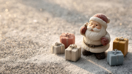 Delight in the festive spirit with this charming Santa Claus figurine surrounded by colorful gifts on a glittering snowy surface, perfect for holiday joy.の素材