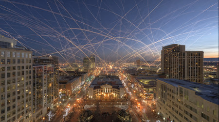 A stunning view capturing the vibrant lights of an urban skyline at night with dynamic star trails above, showcasing the energy and beauty of a bustling city center.の素材