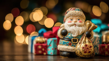 A charming Santa Claus figurine with a joyful expression stands amidst vibrant holiday gifts, capturing the essence of Christmas spirit and warmth.の素材