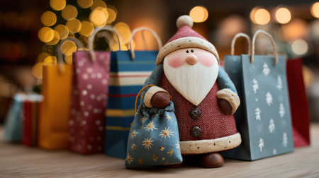 A delightful wooden Santa figurine stands with shopping bags in a warm, festive atmosphere, perfect for evoking the spirit of holiday joy and togetherness.の素材