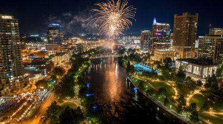 A breathtaking aerial view showcasing a night cityscape filled with vibrant fireworks reflecting on the water, highlighting the lively atmosphere of urban celebration.の素材