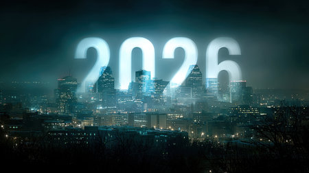 A captivating night view of a city skyline featuring glowing numbers representing the year 2026. The atmosphere is enhanced by fog and urban lights.の素材